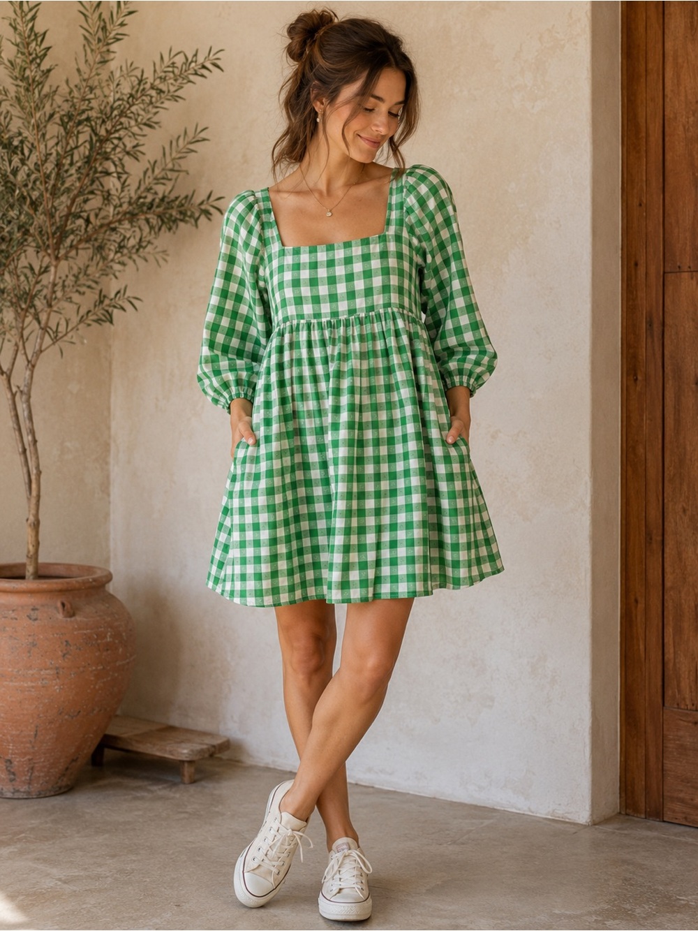Umgee Green Gingham Babydoll Dress | Size S